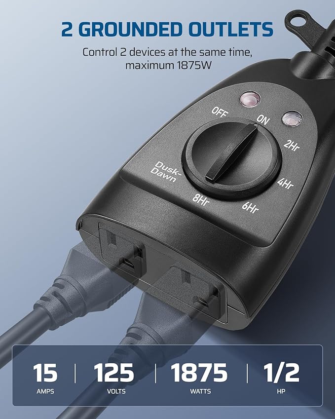 DEWENWILS Outdoor Timer Outlet Waterproof, Heavy Duty Outdoor Light Timer with Dusk to Dawn Sensor, 2 Grounded Outlets, 15A 125V 60Hz, Waterproof for String Lights, ETL Listed