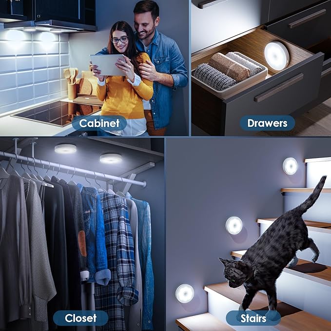 Motion Sensor Puck Light with Remote, Wireless Dimmable Under Cabinet Lighting, Rechargeable Magnetic Closet Night Light, 12-Pack, Cool White