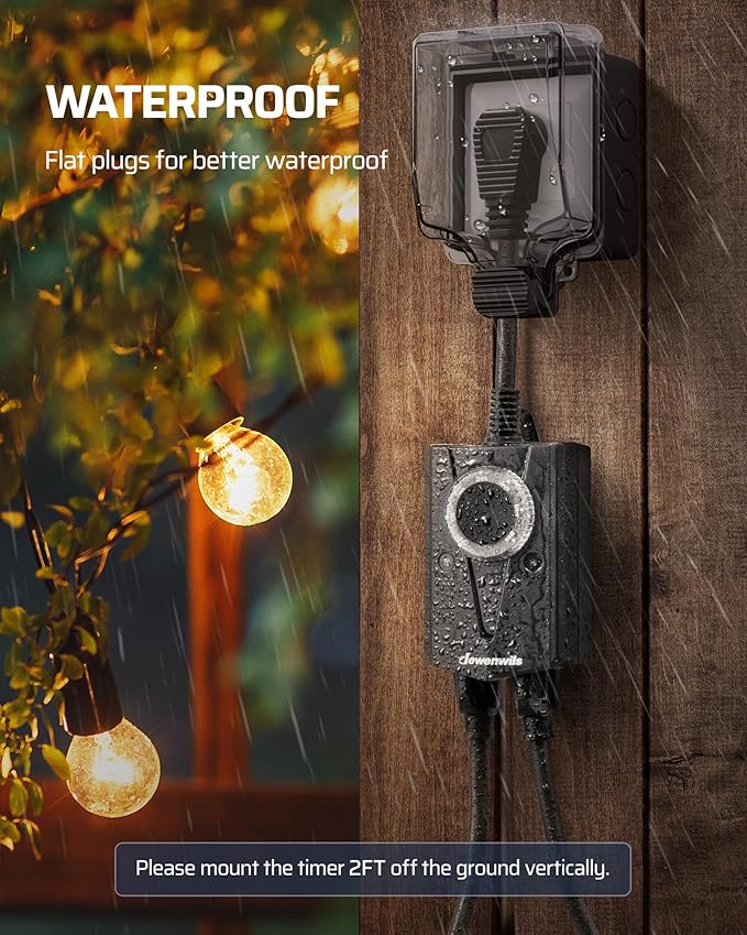 DEWENWILS Light Timer Outdoor Weatherproof, Outdoor Timer for Light, Heavy Duty 2-Prong Grounded Outlet, Dusk to Dawn and 2/4/6/8 Countdown for String Light, UL Listed