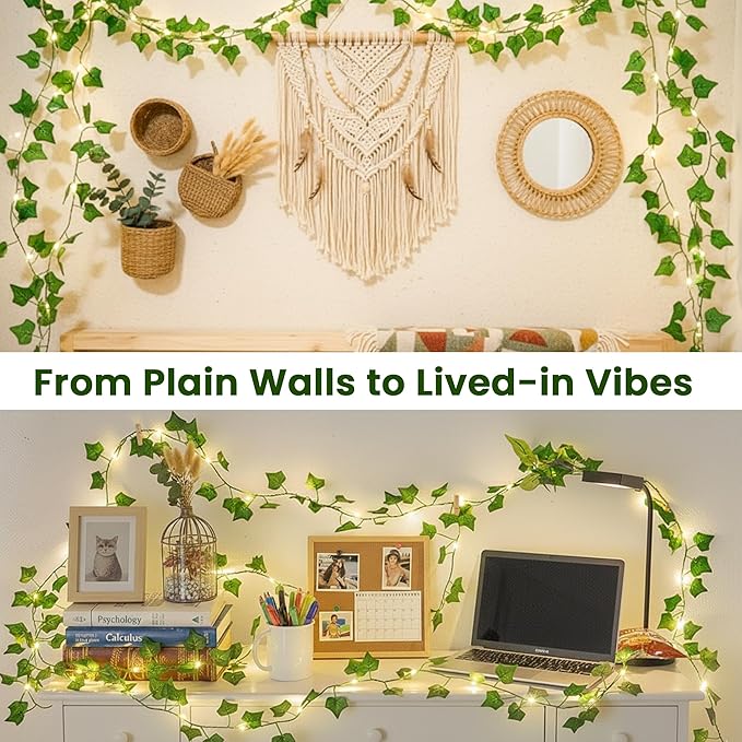 Vine Leaf with Fairy Lights, 23FT 73 LED Lighted Ivy Spring Garland Lights, Battery or USB Powered for Dorm Room, Bedroom & Creative Wall Decor, Warm White