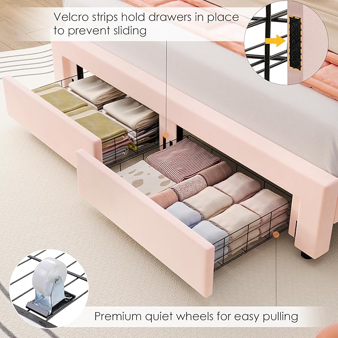 HIFIT Queen Upholstered Smart LED Bed Frame with 2 Storage Drawers & Adjustable Chic Double Petal Headboard, Velvet Princess Platform Bed with Solid Wood Slat/No Box Spring Needed/Easy Assembly, Pink