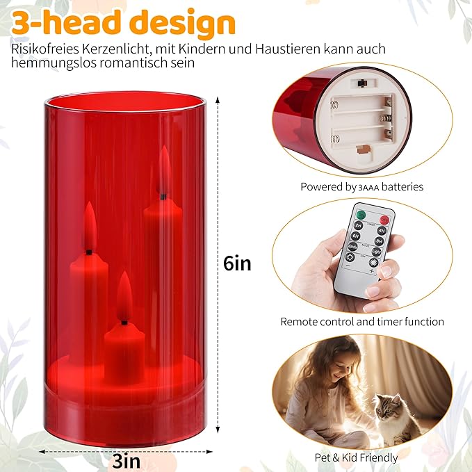 Da by Flameless Candle, Battery-Powered Candle with Remote Control and Timer, LED Three-Wick Pillar Candle, Romantic Wedding, Perfect Home Décor, 2 Pack (Red)