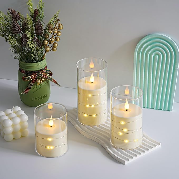 Da by Flickering Flameless Candles with Remote,Acrylic LED Candles with Embedded Star String,Battery Operated Candle, for Home and Holiday Decoration Set of 3（Ivory）