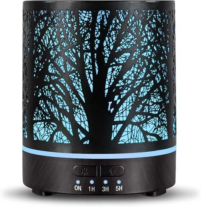 Essential Oil Diffuser Aromatherapy Diffuser -300ml Metal Electric Ultrasonic Oil Diffuser for Large Room with Auto Shut-Off Protection, 4 Timer Setting &7 Colors Night Light for Home (Tree-300ML)