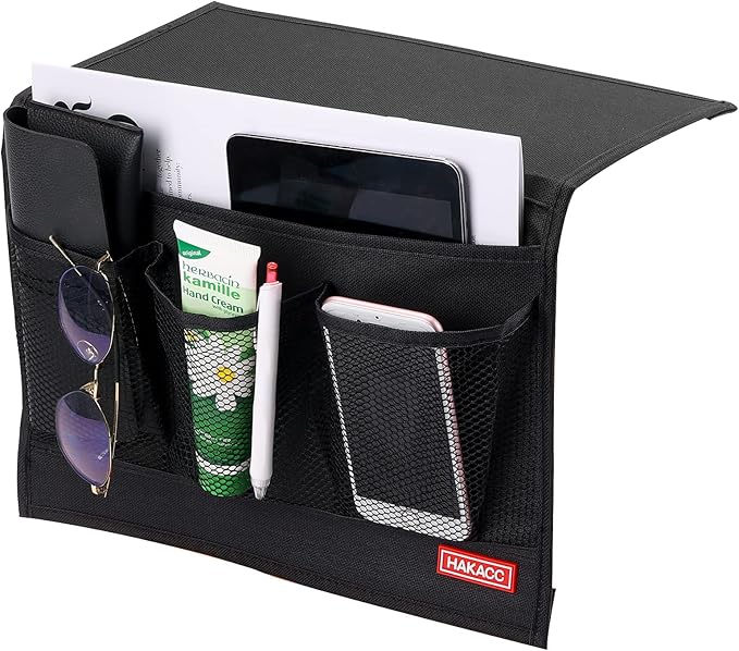 HAKACC Bedside Caddy, Remote Holder for Bed, Storage Organizer with Pockets for Bed, Sofa, Phones, Magazines, Tablets and Accessories, Black