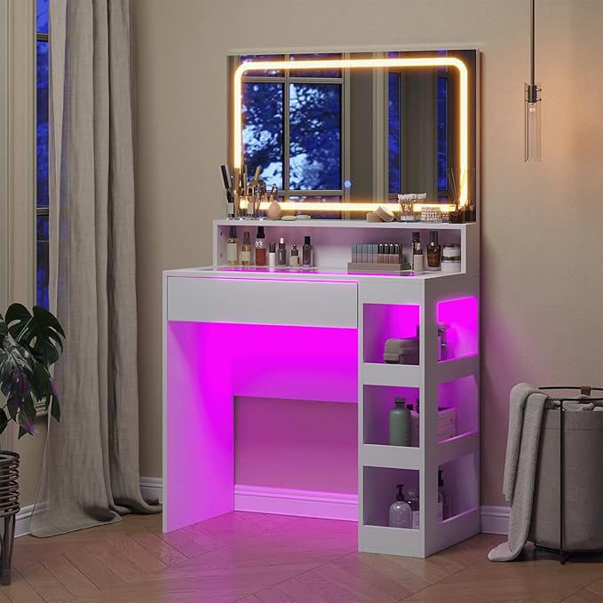 Makeup Vanity Desk with Mirror and Lights, LED Tempered Glass Top, 3 Lighting Modes Brightness Adjustable,Power Outlet,Bedroom Dressing Table, Snow White