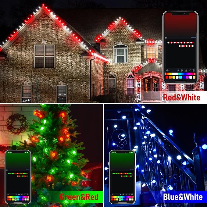 Smart C9 Christmas Lights Outdoor, 174 Feet 200 LED C9 String Lights App Control, 105 Light Modes, Waterproof Commercial Grade Connectable RGB Christmas Tree Lights for Indoor Outside Roofline Patio