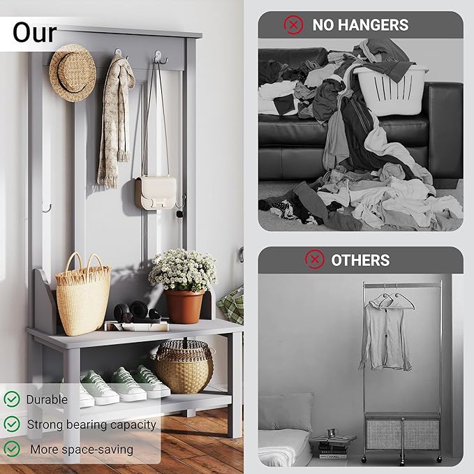 65" Farmhouse Hall Tree with Bench - 3-in-1 Entryway Organizer: Shoe Rack, Coat Hooks & Storage Shelves for Mudroom, Hallway (Gray)