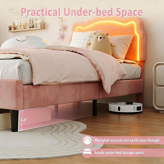 GarveeHome Twin Upholstered Smart LED Bed Frame with Headboard, Velvet Princess Platform Bed Frame for Kids, Wooden Slats Support, No Box Spring Needed (Rose)