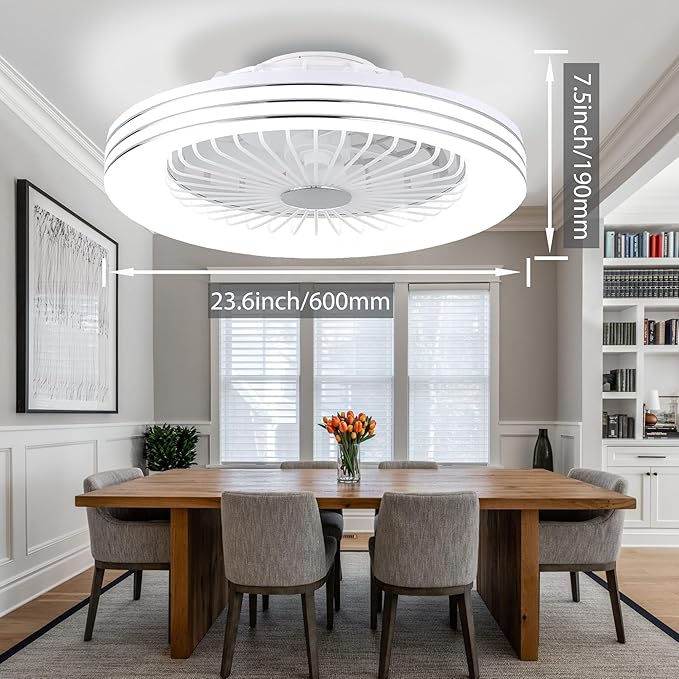 24" Low Profile Bladeless Ceiling Fan with Light, Enclosed Flush Mount Remote/APP Control, 3CCT Dimmable Light, Quiet 6 Speeds Timing Reversible