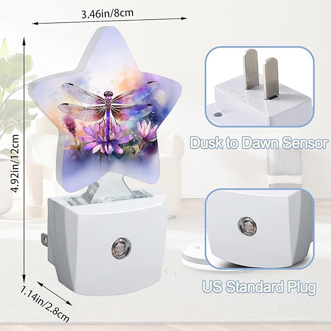 Dragonfly Flower Night Light,Watercolor Plug-in Star Night Lights with Dusk-to-Dawn Sensor for Bedroom,Bathroom,Living Room Sleep Friendly Lamp for Women Girls Boys Gift,0.5W