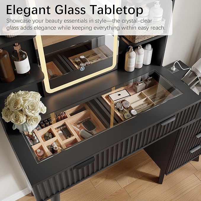 42'' Fluted Makeup Vanity Desk with LED Lights Mirror & Charging Station, Modern Glass Top Vanity Table with 5 Drawers & Open Shelves, Dressing Table for Bedroom, Living Room, Black