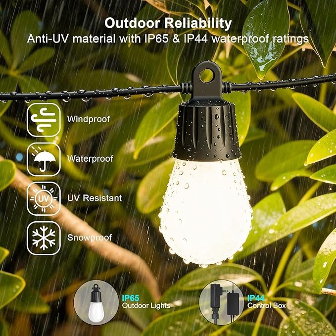 Outdoor String Lights 118FT（59FT*2 RGB +IC Color Changing Smart Patio Lights with Timer Remote &APP Control,IP65 Waterproof Shatterproof LED Lights for Backyard Balcony Garden Party Decor