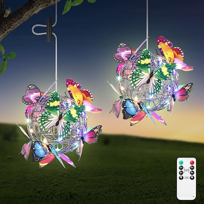 Lightess Butterfly Garden Decor Hanging Gazebo Lights, Waterproof Battery Operated Chandelier with Remote, Outdoor Lanterns for Patio, Porch, Pergola (2 Pack)