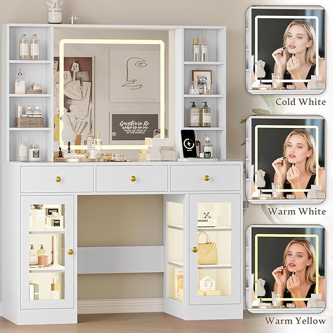Makeup Vanity Desk with Mirror and Lights, 43" White Vanity with Glass Top, Jewelry Storage, 3 Drawers & Glass Cabinets, Power Outlet & Adjustable LED Lights, Dressing Table for Women & Girls Bedroom