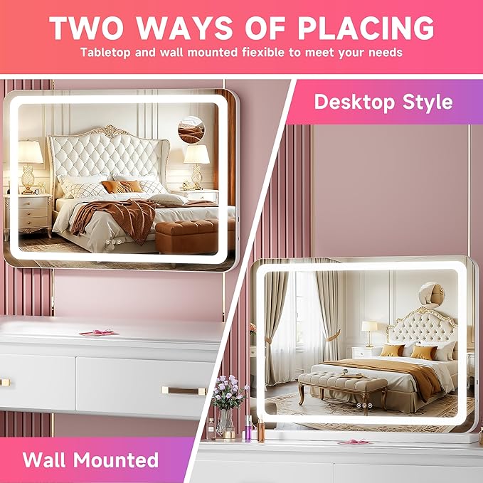 Vanity Mirror with Lights, 32" x 22" LED Makeup Mirror with 10X Magnification, Dimmable 3 Modes, Memory Function, Smart Touch, USB Charging Port, Lighted Makeup Mirror Round White
