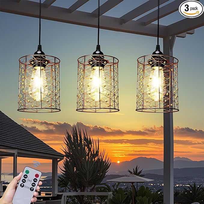 Battery Operated Hanging Outdoor Chandelier, Battery Pendant Light, Gazebo Lights Outdoor Waterproof, 4 AA Batteries, for Gazebo, Pergola, Porch, Patio, Indoor/Outdoor Decor Lighting (3)