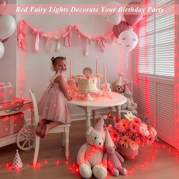 JMEXSUSS 4 Pack 50 LED Red Fairy Lights Battery Operated, 16.1ft Christmas Fairy Lights, Red String Lights for Bedroom Wedding Party Holiday Decorations