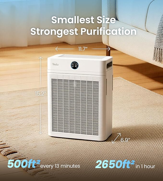 YADU Air Purifier for Large Rooms up to 2,540 sq ft, Dual Intake, H13 True HEPA Filter, WiFi Control & Air Sensor, 20dB Quiet for Bedroom & Pets, Captures Particles & Smoke