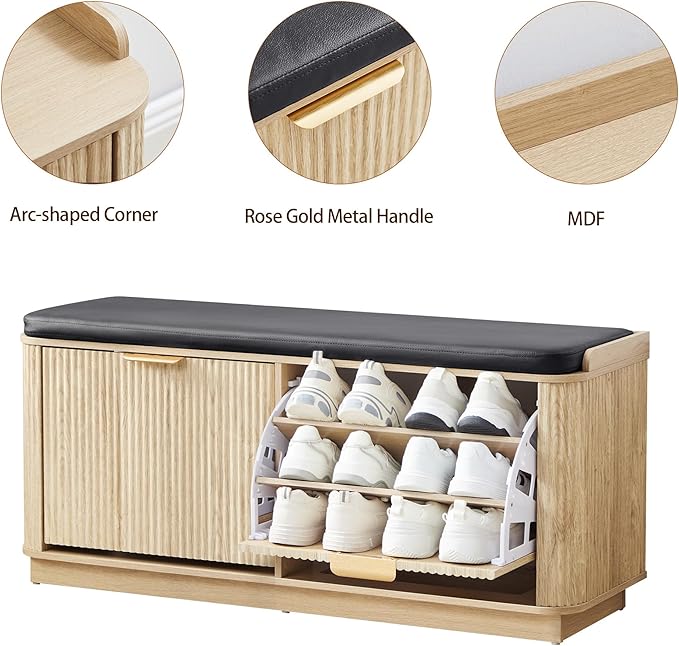43.3''W Fluted Shoe Rack Bench with 2 Flip Drawers, Entry Bench Seat with 3-Tier Shoe Storage and Leather Cushion, Shoe Organizer Bench for Entryway, End of Bed, Living Room - Natural