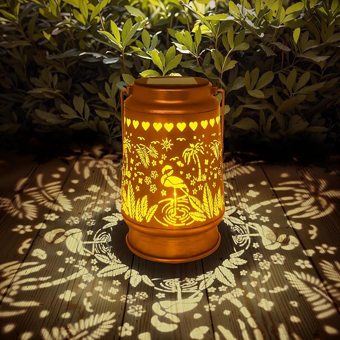 Lawn Social Solar Lanterns Outdoor Waterproof, Flamingos Metal Hanging Solar Lights for Outside, Garden Decor Birthday Gifts for Women Mom Grandma, Outdoor Lantern for Patio Yard Balcony Porch