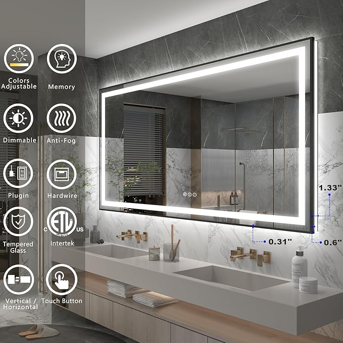 OKPAL 60x28 LED Bathroom Mirror, Black Framed Lighted Bathroom Mirror, Lighted Vanity Mirror with Lights, Dimmable, Anti-Fog, 3 Colors, Memory, Shatterproof, ETL Listed (Front and Backlit)