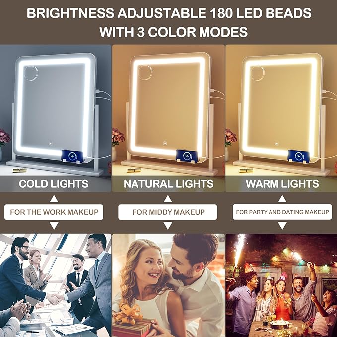 Vanity Mirror with Lights, 17.3’’ LED Makeup Mirror Detachable 10X Magnification, Smart Touch Control, 3 Color Lighting Modes,360°Rotation Tabletop Make Up Mirror for Bedroom Bathroom
