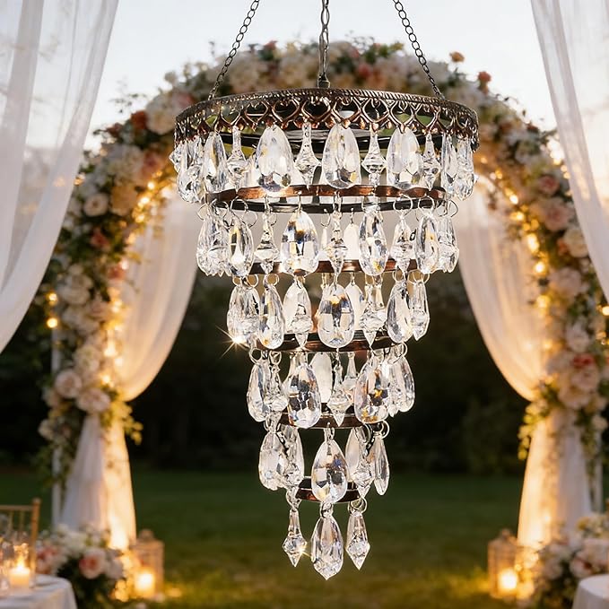 Solar Hanging Acrylic Crystal Chandelier Outdoor Garden Decorative Lights a Bright Warm LED and 5ft LED Strip Weatherproof Tree Hanging Lantern for Valentine Gifts Garden Gazebo, Party, Wedding 6 Tier