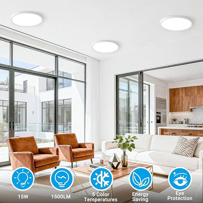 4 Pack LED Flush Mount Ceiling Light,7Inch 15W,3000K/3500K/4000K/5000K/6500K 5 Color Temperatures Ceiling Light Fixture for Kitchen Porch Hallway Bedroom Bathroom and Closet,White