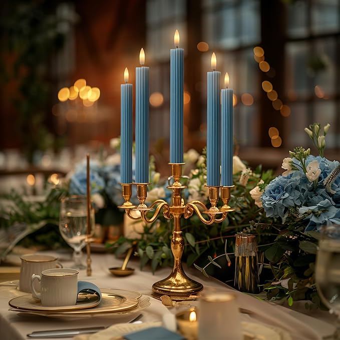 6 Pack, 10" LED Flameless Blue Fluted Ribbed Grooved Taper Candles, Remote & 24h Timer Memory, On/Off Button, Dimmable, Flicker Mode, Battery Operated, Christmas Menorah Wedding