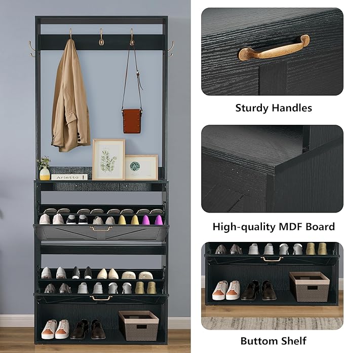 Betoko Hall Tree with Shoes Storage,Farmhouse Corner Coat Rack with 5 Coat Hooks, Wooden Entryway Tree Cabinet with 2 Shoes Cabinets for Hallway Mudroom, Black