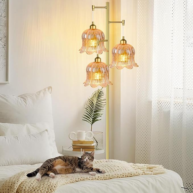 Glass Floor Lamp for Living Room,Bedroom,Mid Century Modern Standing Lamp Brass Tree 3 Light Tall Floor Lamps Vintage Floor Lights Gold Tulip Flower Lamp Shade Farmhouse Boho Bohemian