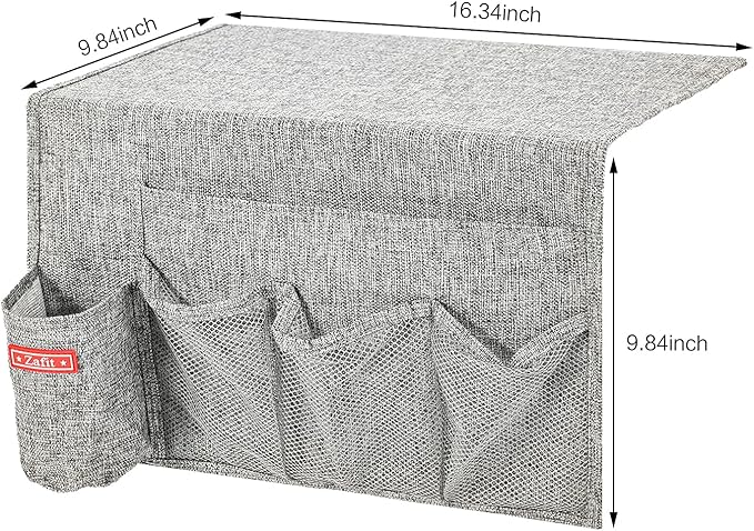 Linen 5 Pockets Bedside Caddy, Bedside Storage Organizer with Water Bottle Holder for Magazine, Remotes, Phone (Grey)