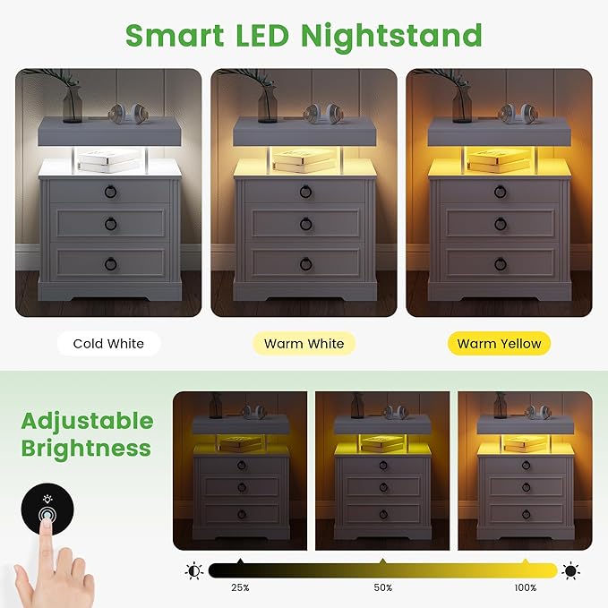 HNEBC Night Stand with Gun Drawers, Farmhouse Nightstand with Charging Station, Secret Bedside tabel with 3 Color Auto Light, Smart End Table with Hidden Storage for Bedroom Furniture-White