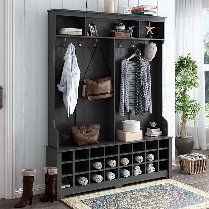 Wide Hallway Coat Rack Hall Tree with Shoe Storage Rack, 24 Cubes 6 Hooks and 3 Top Shelves, Large Storage Bench for Entrance, Enterway (Black)