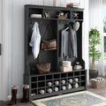 Wide Hallway Coat Rack Hall Tree with Shoe Storage Rack, 24 Cubes 6 Hooks and 3 Top Shelves, Large Storage Bench for Entrance, Enterway (Black)