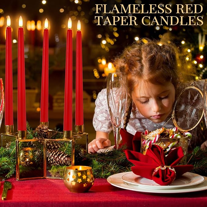 Macarrie 24 Packs Flameless Taper Candles Battery Operated Fake 11 Inch Long Candlelight LED Flameless Candlesticks Flickering Tapered for Spring Summer Wedding(Red)