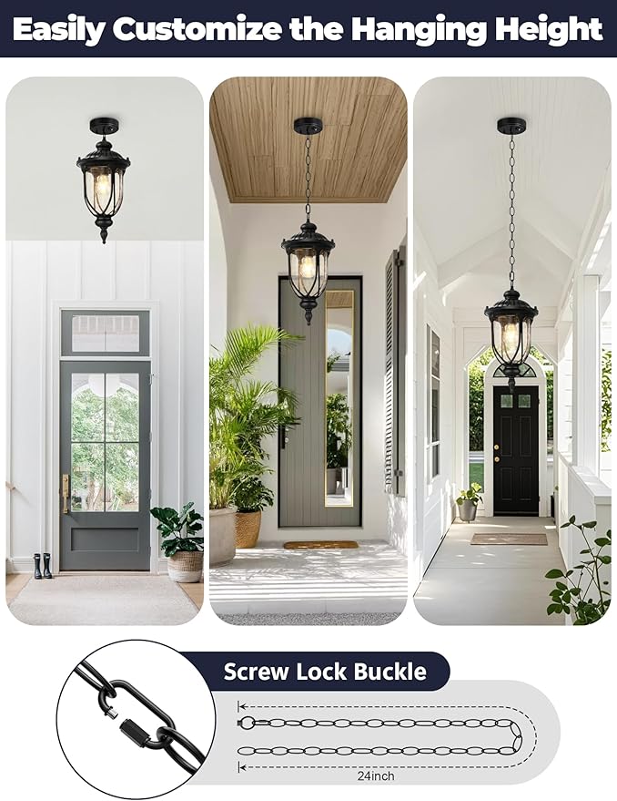 Lotsky Outdoor Hanging Lights with Motion Sensor, 15'' Dusk to Dawn Exterior Pendant Light for Porch, Anti-Rust Aluminum & Seed Glass Lantern, Outside Chandelier for Gazebo, Patio, Yard Black