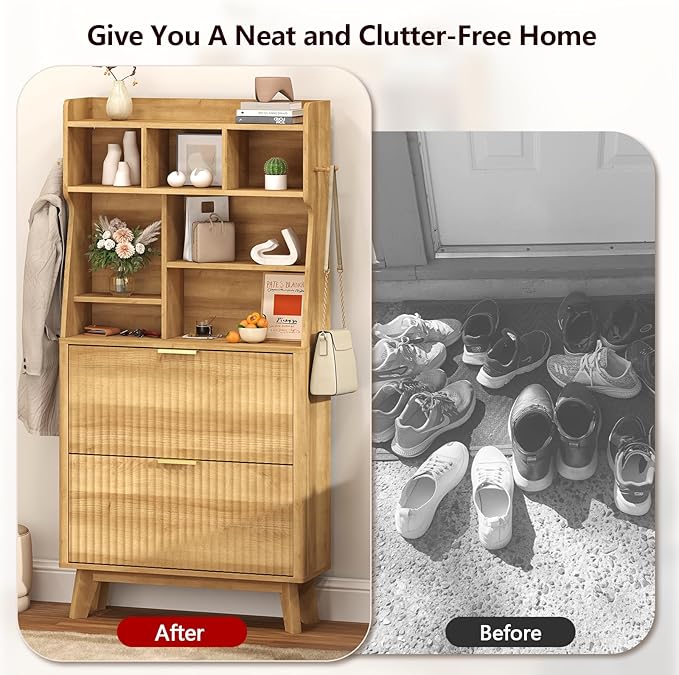 TVU Hall Tree with 2 Height-Adjustable Flip-Top Shoe Cabinets, Rustic Style Entryway Coat Rack with LED Lights, Tall Entryway Coat Rack with 4 Coat Hooks & 7 Height-Adjustable Storage Compartments