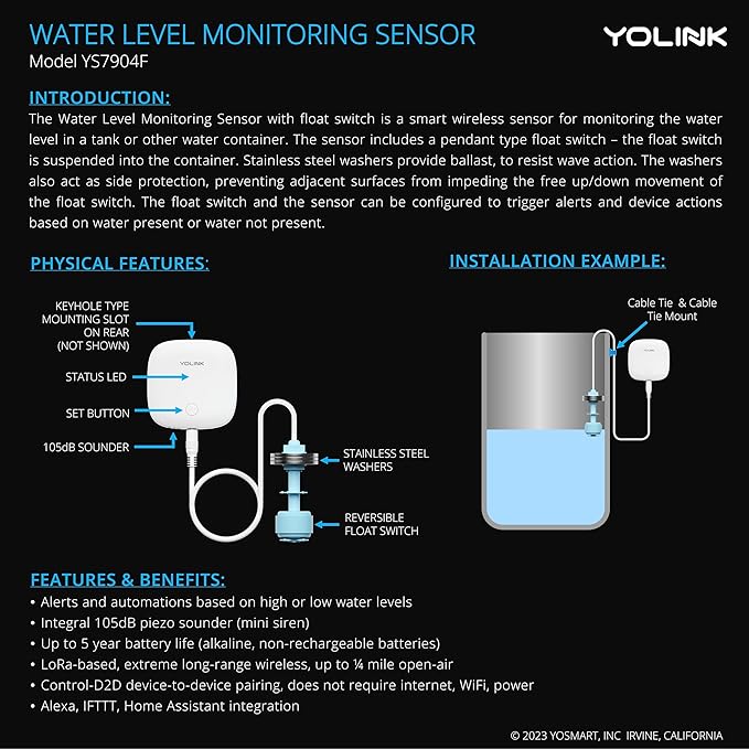 YoLink LoRa Smart Water Level Monitoring Sensor, Wireless Battery-Powered Float Switch Alarm, Sump Pump Alarm, AC Condensate Overflow, Tank Level, Toilet Leak Sensor, 105dB Siren, YoLink Hub Required