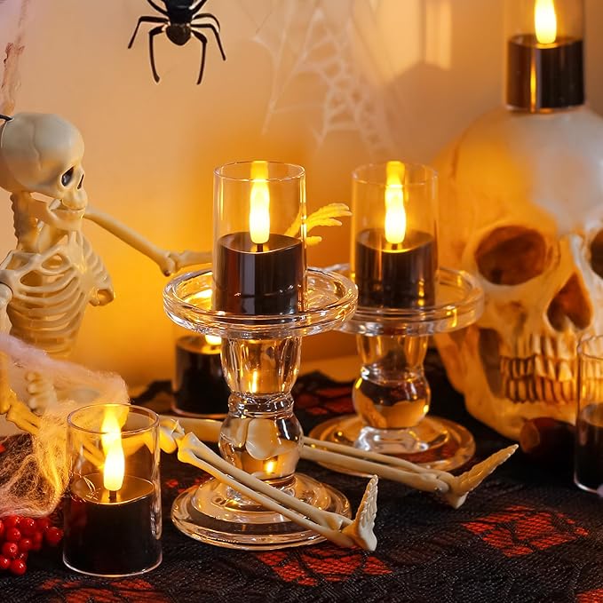8pcs Halloween Battery Operated 1.7" x2.5" Clear Acrylic Remote LED Tea Lights, Flameless 2/4/6/8h Timer Fake Black Bulk Votive Candles with Batteries, Flickering Pure Plastic Tealights