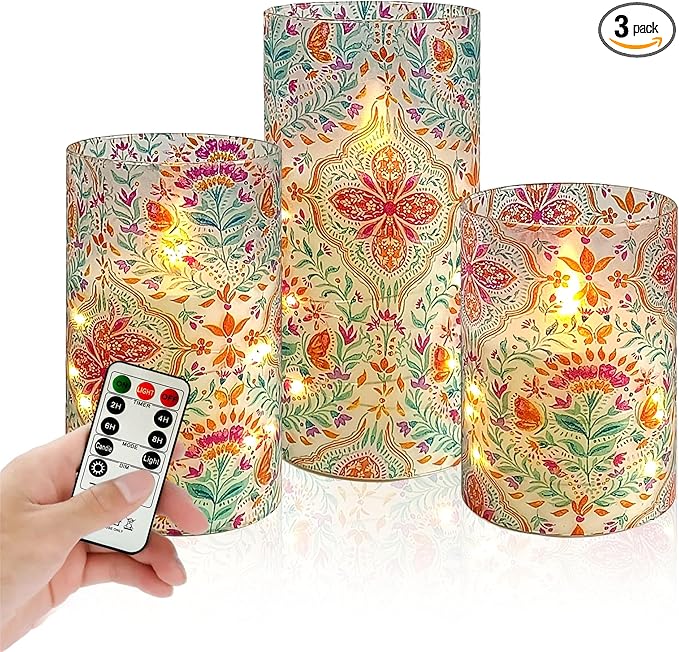 Printed Flameless Candles with String Lights - Set of 3 Colorful Battery Operated Candle Flickering Floral LED Pillar Candles with Timer Remote for Home Decor Romantic Ambiance,BFLY