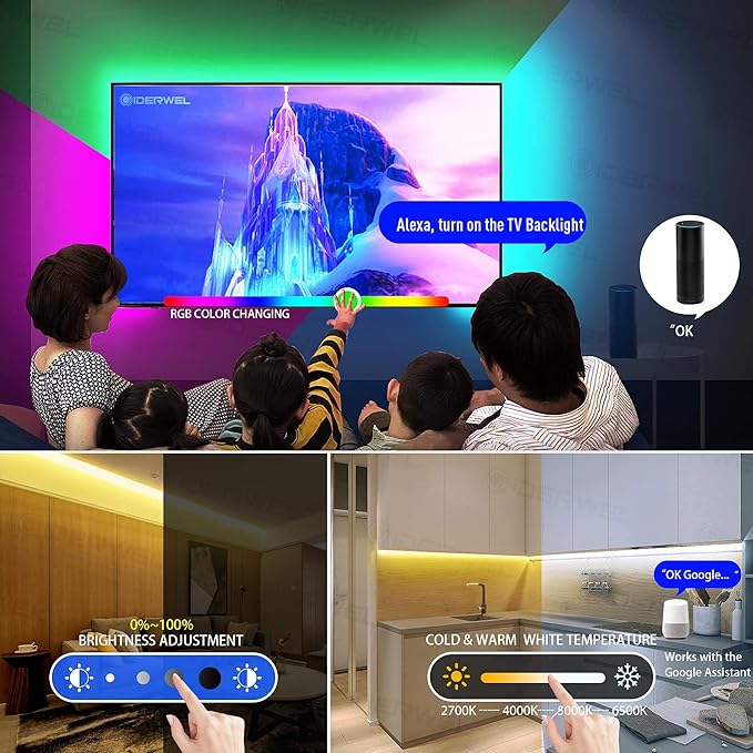 GIDEALED WiFi USB RGBWW LED Strip Light 9.8ft,Compatible with Alexa Google Assistant,Support Voice Control &APP Control,5V RGBCCT LED TV Backlight,RGB Warm White Cool White,Do not Include Adapter