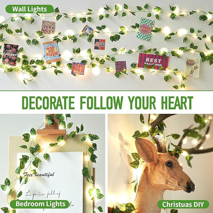 Fake Plants Vines,33ft 100 LED Artificial Ivy Garland with Fairy Lights,for Home Living Room Bedroom Wall Art Aesthetic Office Coffee Wedding Party Farmhouse Dorm Outdoor Garden Decor