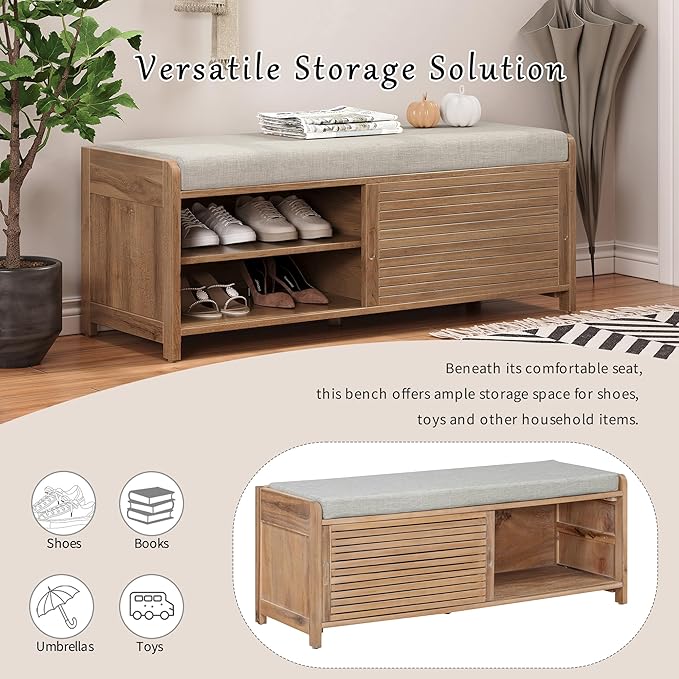Amposei Modern Classic Storage Bench 43.3-Inch Wooden Entryway Shoe Storage Bench Cabinet with Removable Seat Cushion & Sliding Shutter-Style Doors for Living Room Entrance Hallway, White Washed