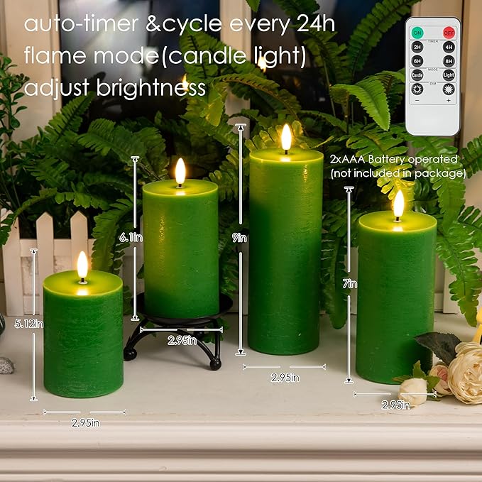 Green Flameless Candles, 4 Pack Battery Operated Candles for St. Patrick’s Day, Real Wax LED Fake Candles for Spring Decor Party Centerpiece Green