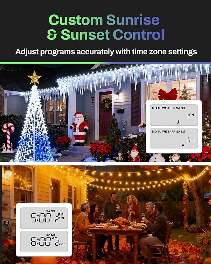 BN-LINK Digital Astronomic Landscape Timer, 7-Day Programmable Outdoor Plug with Dual Grounded Outlets, Waterproof Design for Christmas Lights and Holiday Decorations