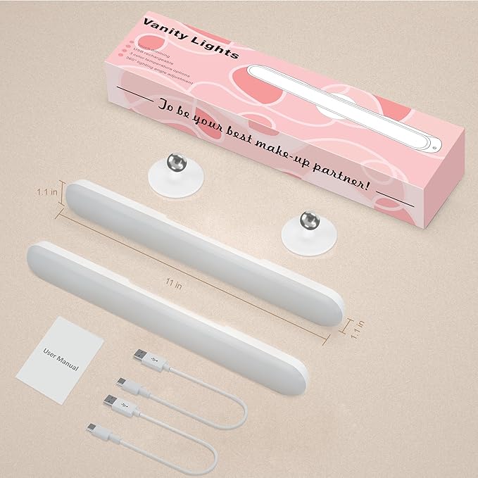 2 Pack Wireless Vanity Lights for Mirror, Rechargeable Battery Operated Makeup Light, Adjustable Color Brightness & Angle Light Bar, Magnetic Stick on LED Lighting Bathroom Decor Accessories