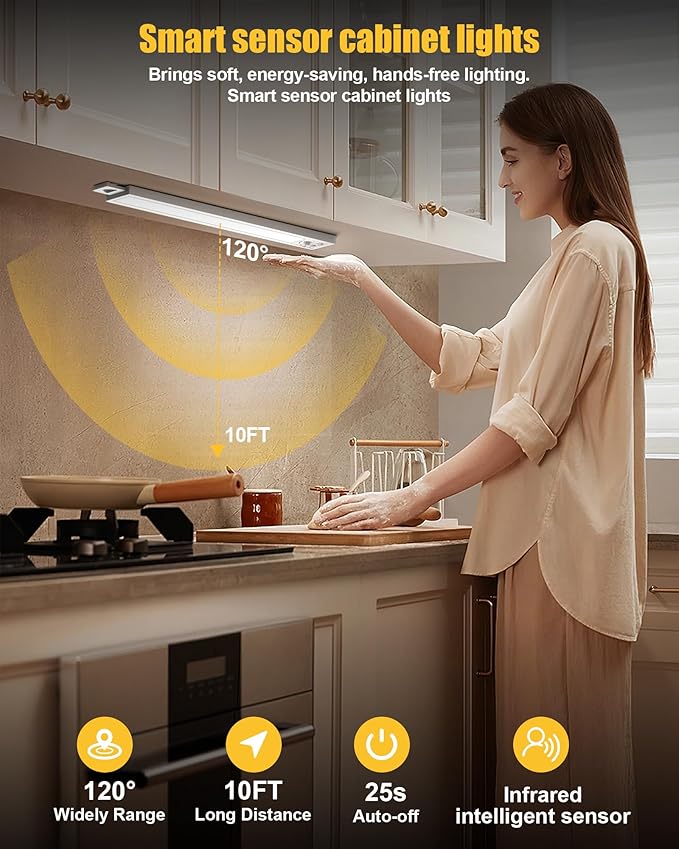 Under Cabinet Motion Sensor Lighting - 8 Inch Wireless Under Cabinet Lighting, Rechargeable with Magnetic Mount, 5CCT Adjustable for Kitchen/Hallway (White, 2-Pack)