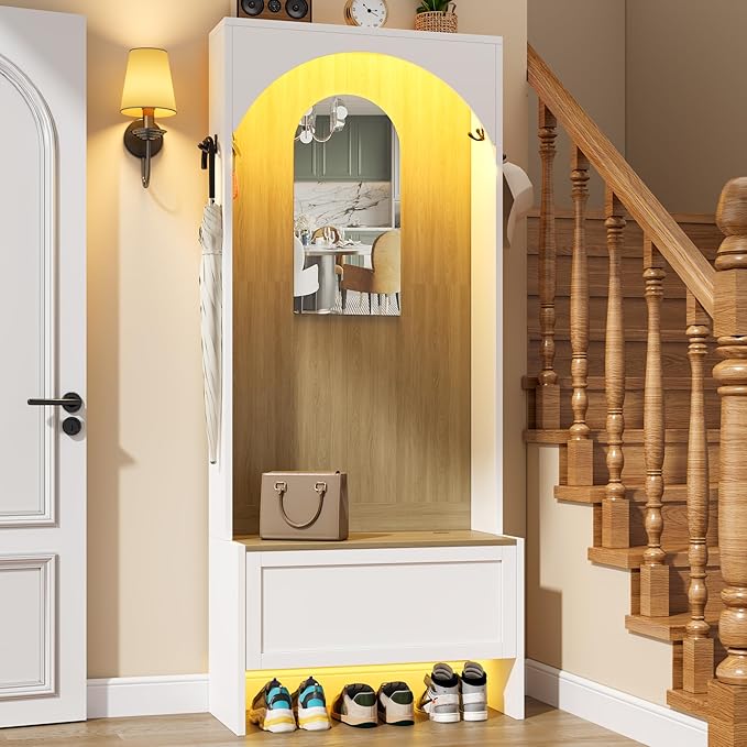 71.65" Hall Tree with Bench and Shoe Storage, 7-in-1 Entryway Storage Bench with 4 Coat Rack & 6 Shoe Cubbies & Mirror & Sensor Light, Shoe Rack Organizer for Entryway, White and Brown